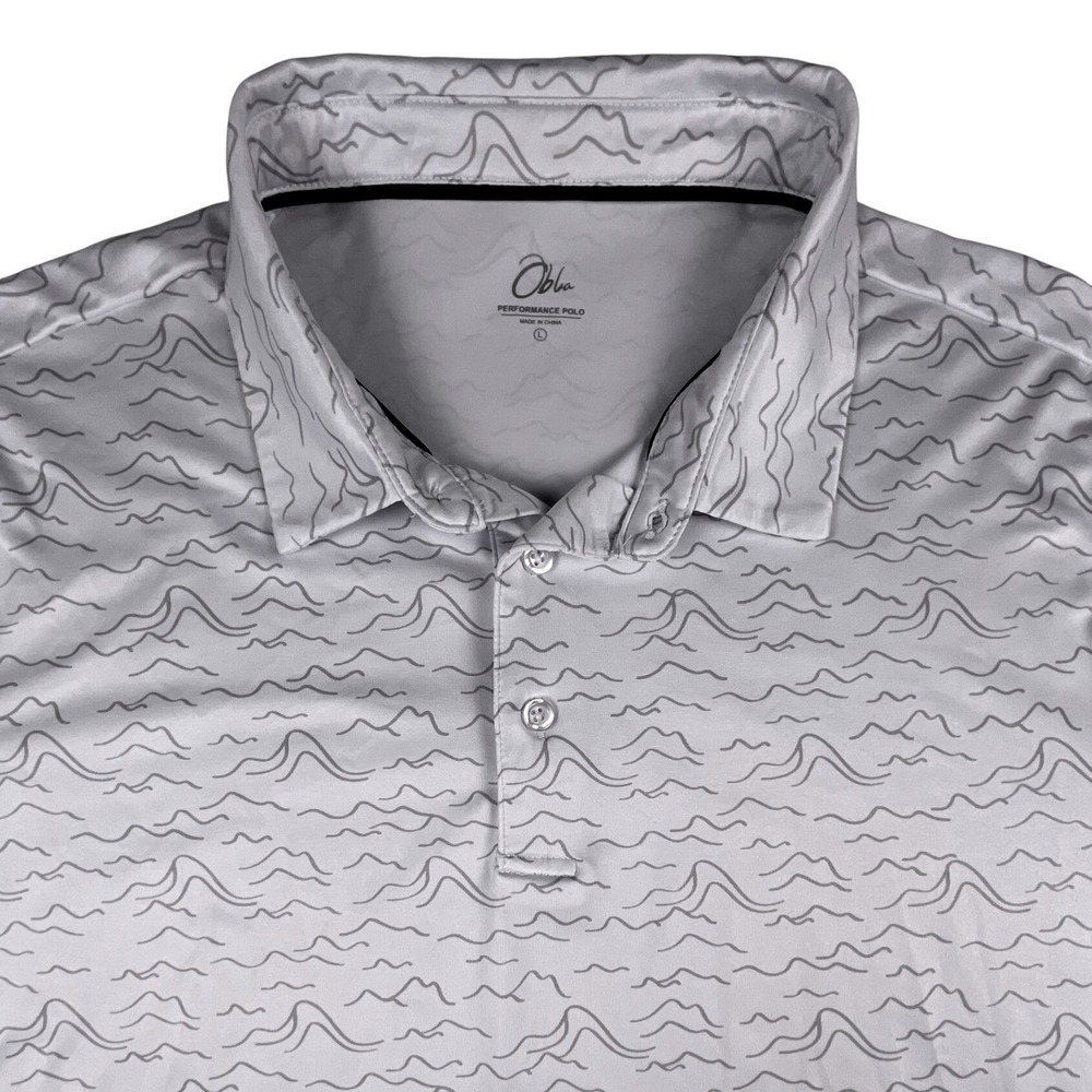 Obla Polo Men L Gray Wave Pattern Performance Short Sleeve Stretch Golf Shirt
